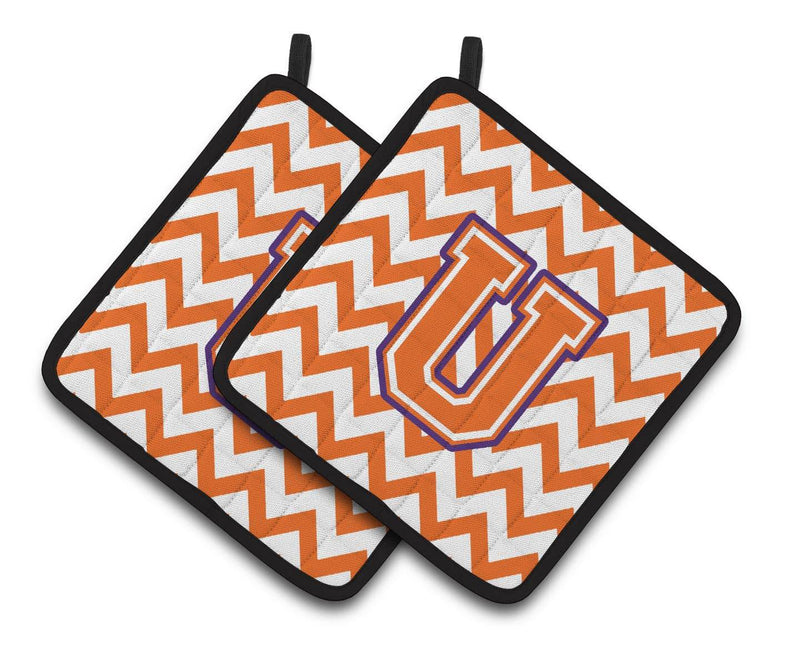 Letter U Chevron Orange and Regalia Pair of Pot Holders CJ1062-UPTHD