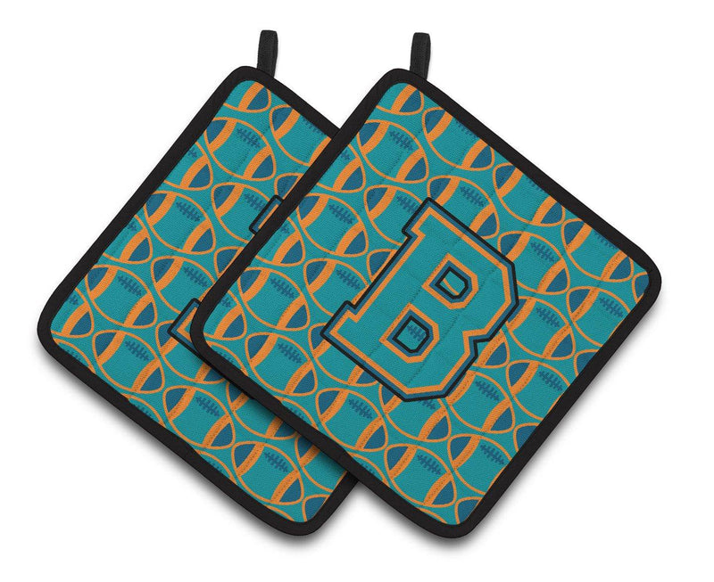 "Letter B Football Aqua, Orange and Marine Blue Pair of Pot Holders CJ1063-BPTHD"