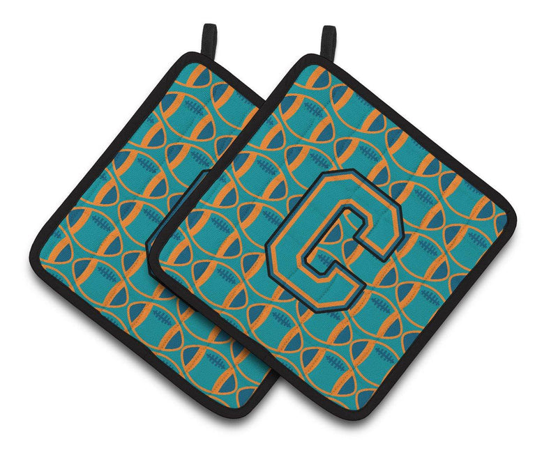 "Letter C Football Aqua, Orange and Marine Blue Pair of Pot Holders CJ1063-CPTHD"