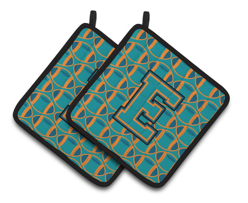 "Letter E Football Aqua, Orange and Marine Blue Pair of Pot Holders CJ1063-EPTHD"