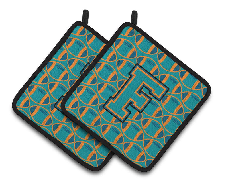 "Letter F Football Aqua, Orange and Marine Blue Pair of Pot Holders CJ1063-FPTHD"