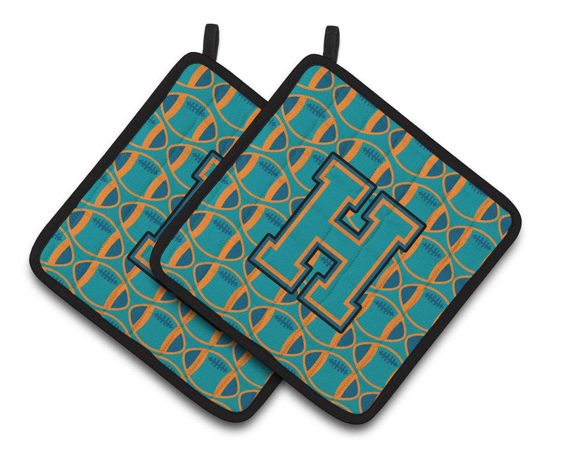 "Letter H Football Aqua, Orange and Marine Blue Pair of Pot Holders CJ1063-HPTHD"