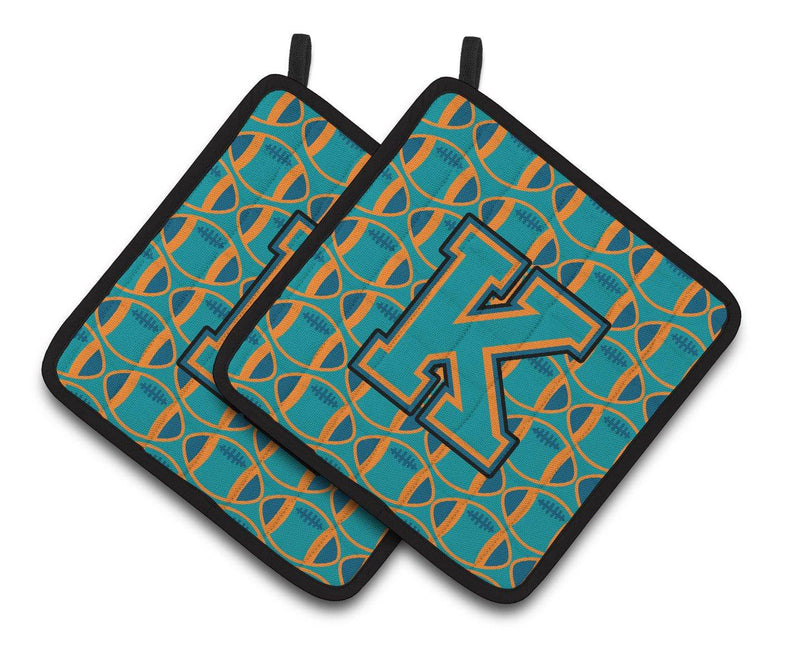 "Letter K Football Aqua, Orange and Marine Blue Pair of Pot Holders CJ1063-KPTHD"