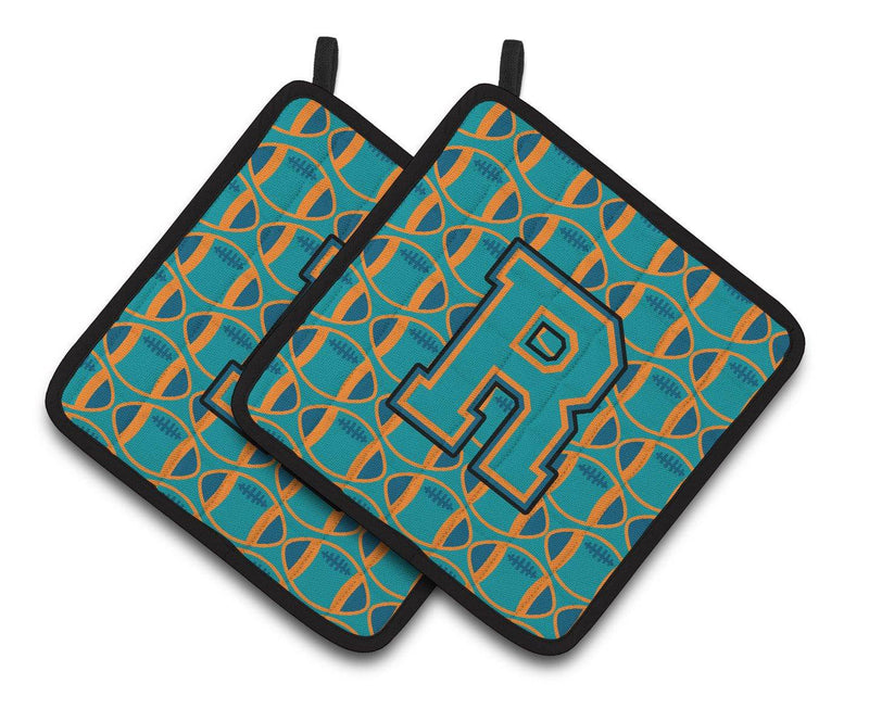 "Letter R Football Aqua, Orange and Marine Blue Pair of Pot Holders CJ1063-RPTHD"