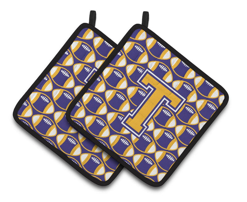 Letter T Football Purple and Gold Pair of Pot Holders CJ1064-TPTHD