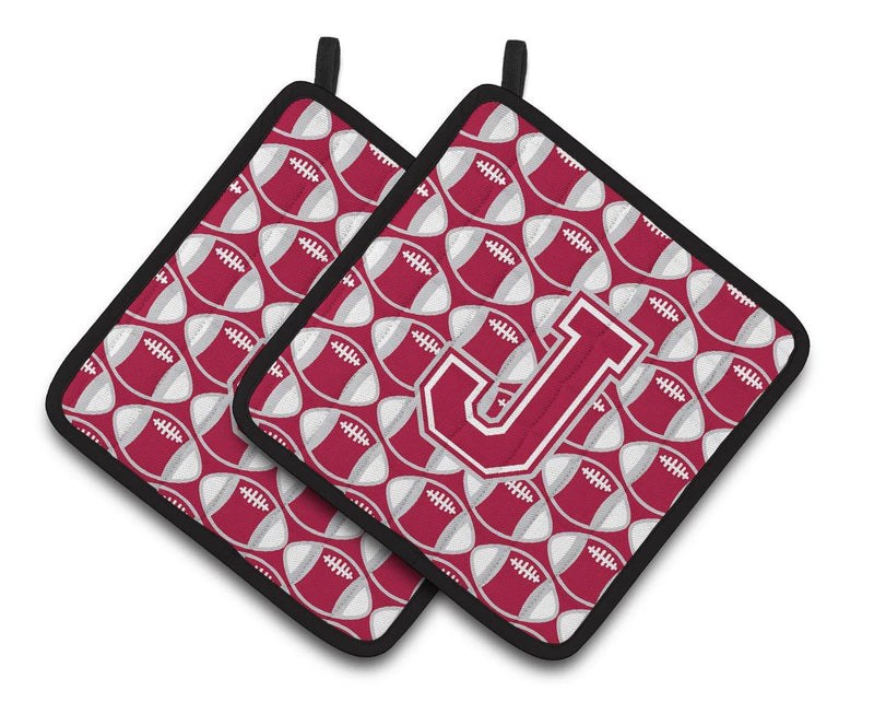 "Letter J Football Crimson, grey and white Pair of Pot Holders CJ1065-JPTHD"