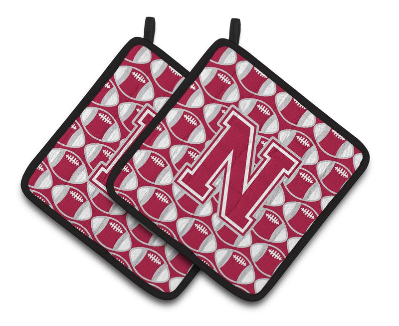 "Letter N Football Crimson, grey and white Pair of Pot Holders CJ1065-NPTHD"