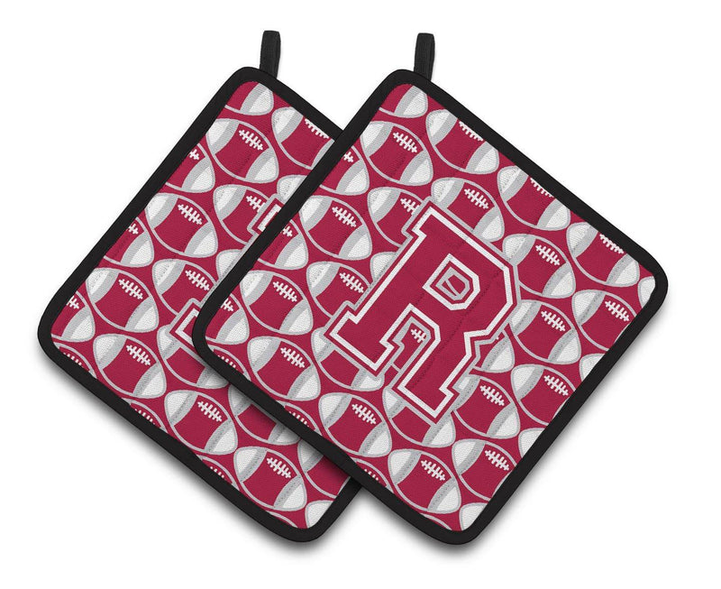 "Letter R Football Crimson, grey and white Pair of Pot Holders CJ1065-RPTHD"