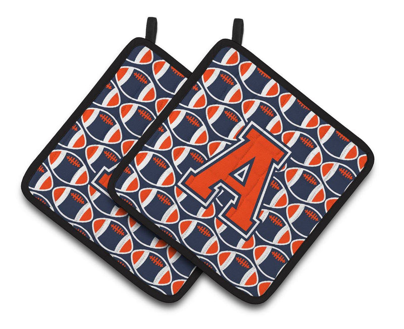 "Letter A Football Orange, Blue and white Pair of Pot Holders CJ1066-APTHD"