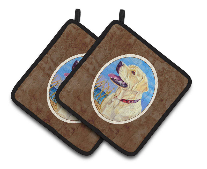 Yellow Labrador at the Beach Pair of Pot Holders 7158PTHD