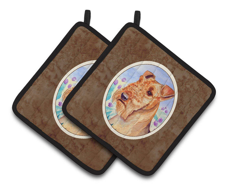 Airedale Terrier in Flowers Pair of Pot Holders 7007PTHD