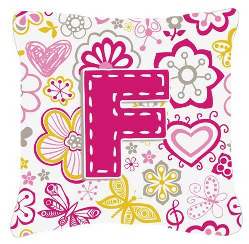 Letter F Flowers and Butterflies Pink Canvas Fabric Decorative Pillow CJ2005-FPW1414