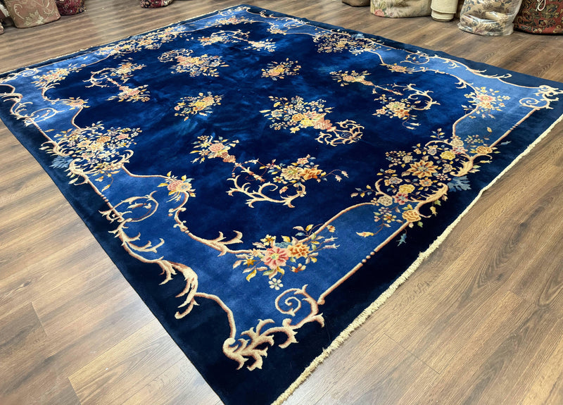 Blue Chinese Art Deco Rug 9x12, Vintage Antique Chinese Wool Rug, Chinese Fette Rug