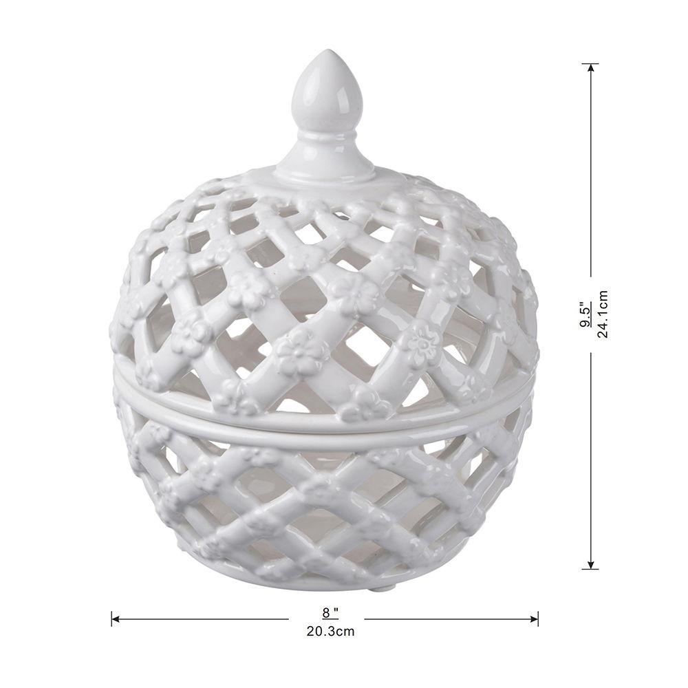 Ceramic Lidded Jar With Lattice Design - White, photo 4 of 11