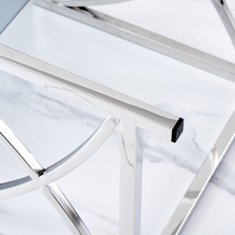 3 Pieces Silver Square Nesting Glass End Tables- Small Coffee Table Set- Stainless Steel Small Coffee Tables with Dark Gray Tempered Glass- 18" Modern Minimalist Side Table for Living Room (Curve)