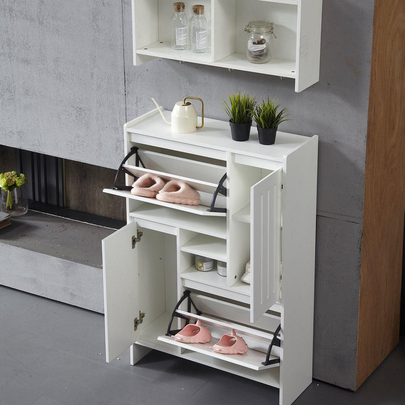 31'Multi-Functional Shoe Cabinet with Wall Cabinet, Narrow Shoe Rack Storage Organizer with 2 Flip Drawers Versatile Side Cabinet for Hallway, Bedroom, Apartment, White