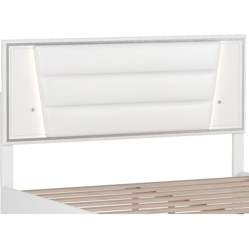 3-Pieces Bedroom Sets Queen Size Upholstered Bed with LED Lights, Nightstands and Dresser with Metal Handles and Sparkling Shiny Decoration, White