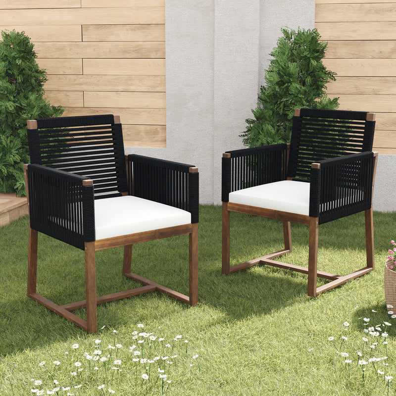 Outdoor Dining Chairs Set of 2, Acacia Wood Patio Armchair with Rope Design Back and Arms and Washable Cushion,for Backyard, Poolside, Garden,Black