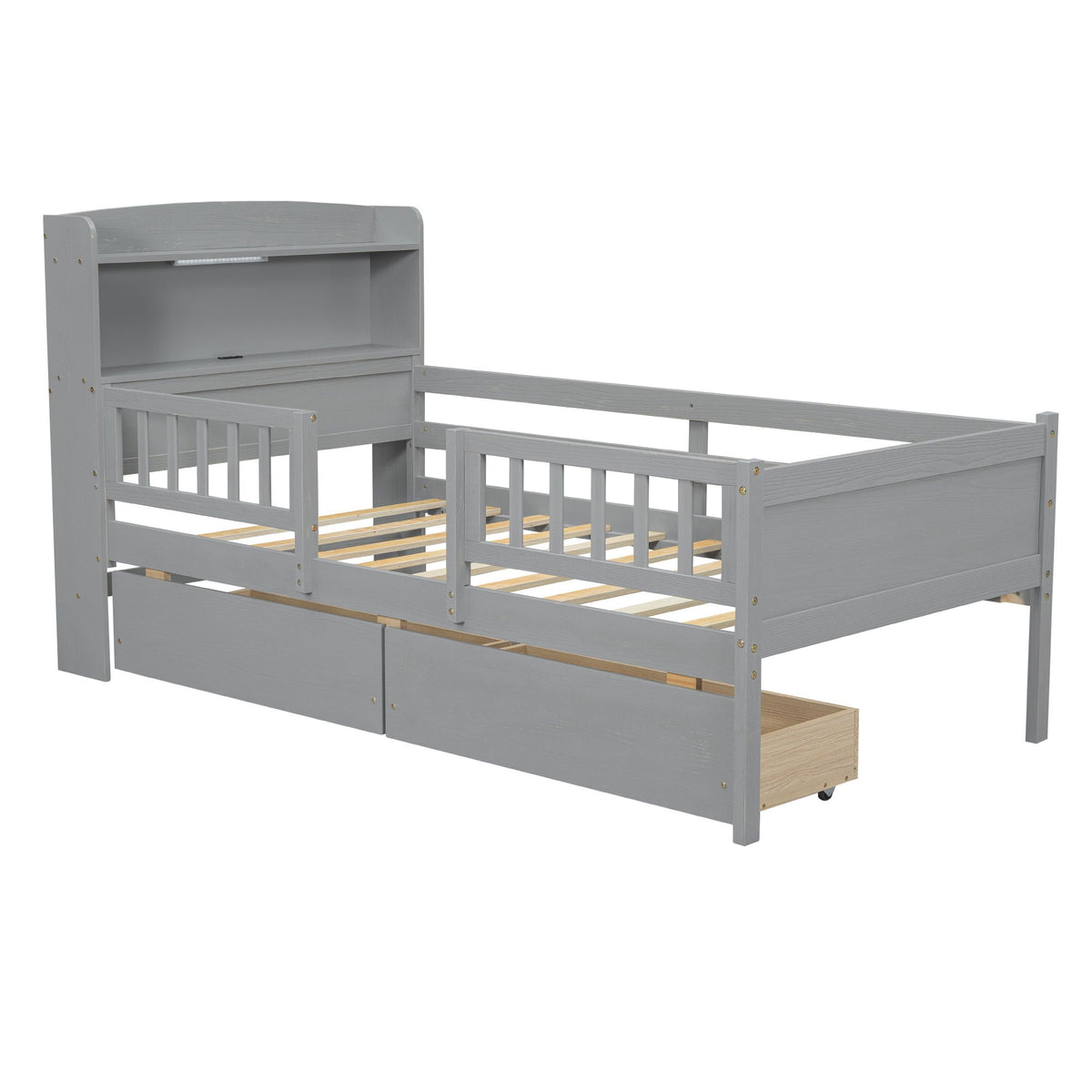 Platform Bed With LED Light, Multi Functional Headboard, Guardrail And 2 Drawers, photo 5 of 28