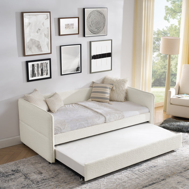 Daybed with Trundle Upholstered Tufted Sofa Bed, Twin Size, Boucle Fabric, Beige (83'x43'x29.5')