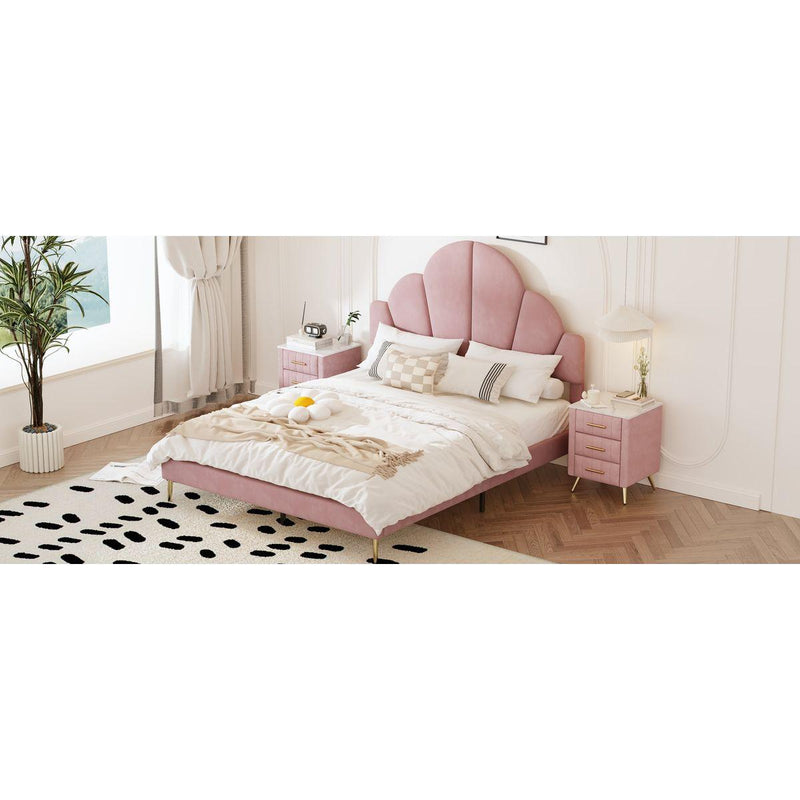 Queen Size Upholstered Bed Frame with Elegant Design, Modern Velvet Platform Bed with Petal Shape Headboard,Pink