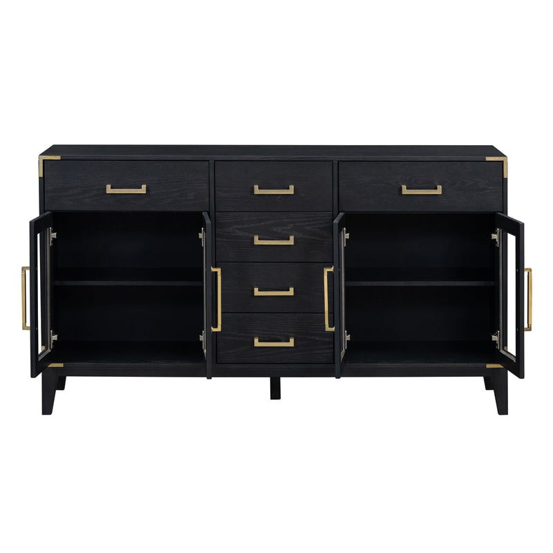 6-drawer and 2-Cabinet Retro Sideboard with Extra Large Storage Space, with Gold Handles and Solid Wood Legs, for Kitchen and Living Room (Black)