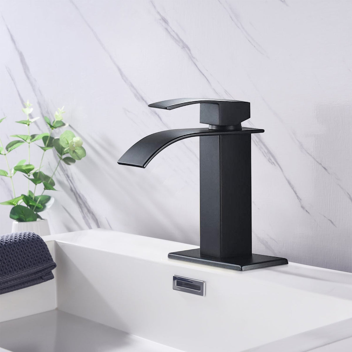 Waterfall Spout Bathroom Sink Single Handle Faucet with Pop-Up Drain, photo 3 of 10