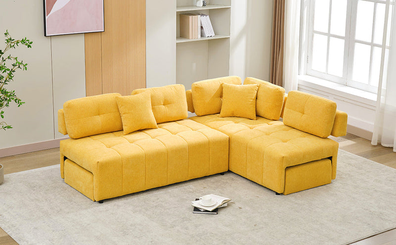 91.73" L-shaped Sofa Sectional Sofa Couch with 2 Stools and 2 Lumbar Pillows for Living Room, Yellow