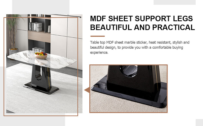 A modern, minimalist, and luxurious dining table with a white imitation marble tabletop and MDF legs with U-shaped brackets. Tables in restaurants and living rooms 63"x35.4"x30 F-U