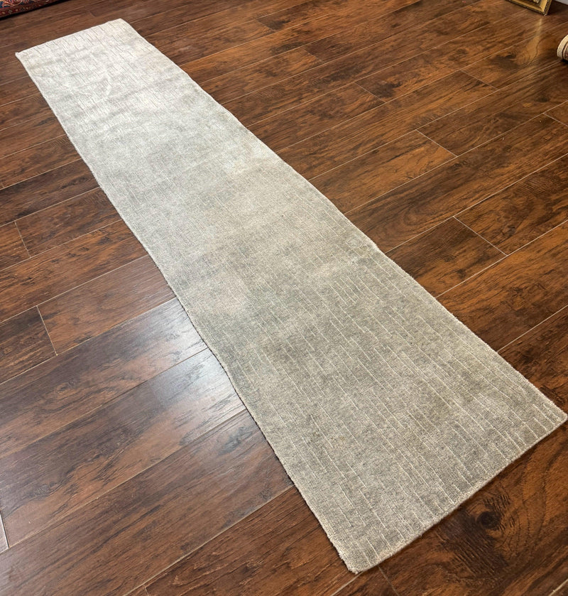 Modern Tibetan Runner Rug 1.9 x 8.6, Wool and Silk Highlights, Gray/Silver, Narrow Runner for Hallway or Kitchen