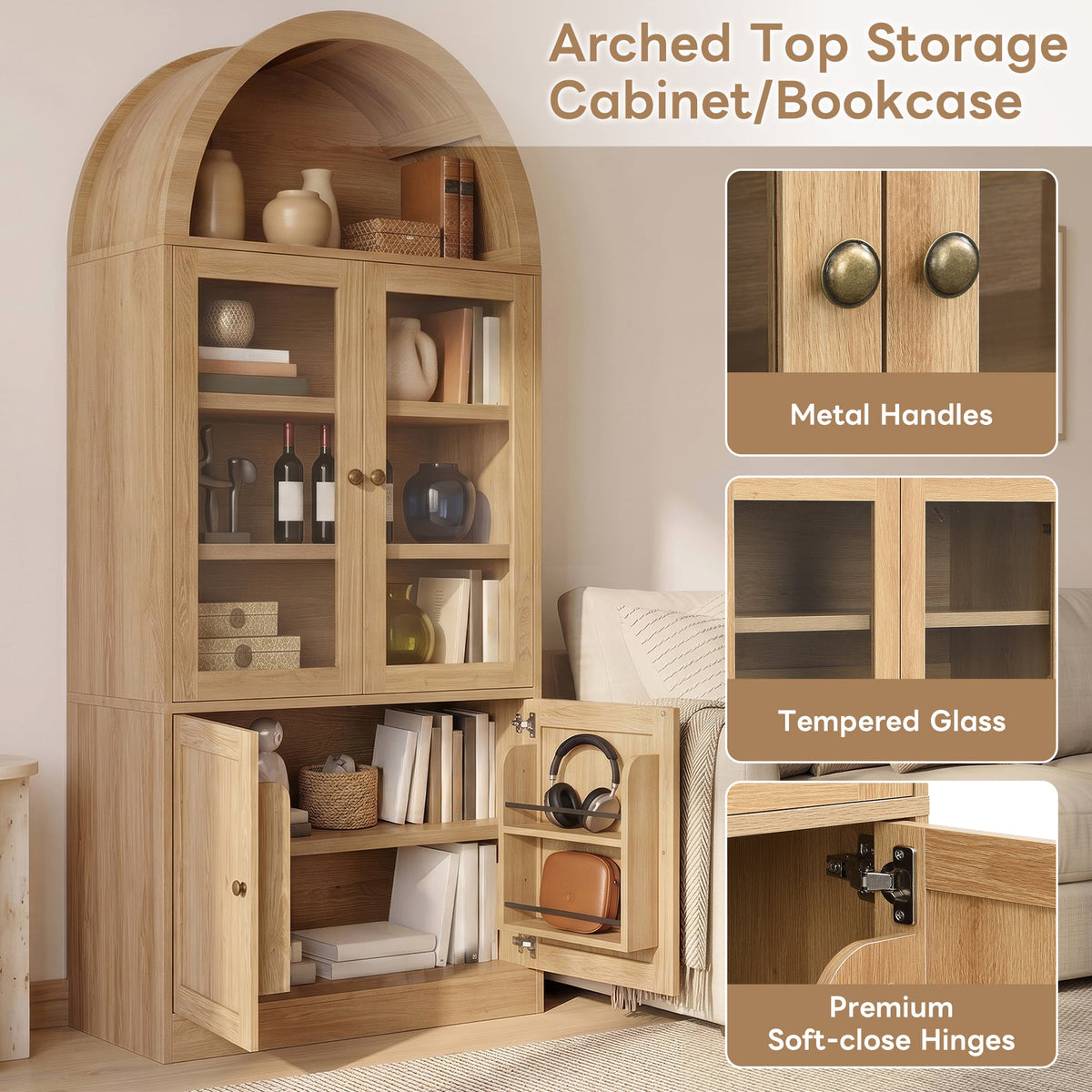 Tall Arched Top Storage Cabinet with Tempered Glass Doors, photo 7 of 10