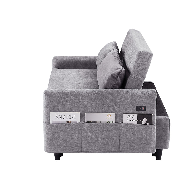 55.1" Pull Out Sleep Sofa Bed Loveseats Sofa Couch with Adjustable Backrest, Storage Pockets, 2 Soft Pillows, USB Ports for Living Room, Bedroom, Apartment, Office,Grey