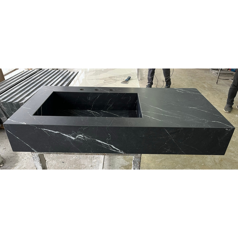 Nero Marquina Black Marble Look Engineered Porcelain Bathroom Sink - Hand-Crafted, photo 10 of 13