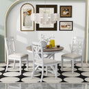 5-Piece Retro Functional Dining Table Set Extendable Round Table and 4 Upholstered Chairs for Dining Room and Living Room (Brown+Antique White)