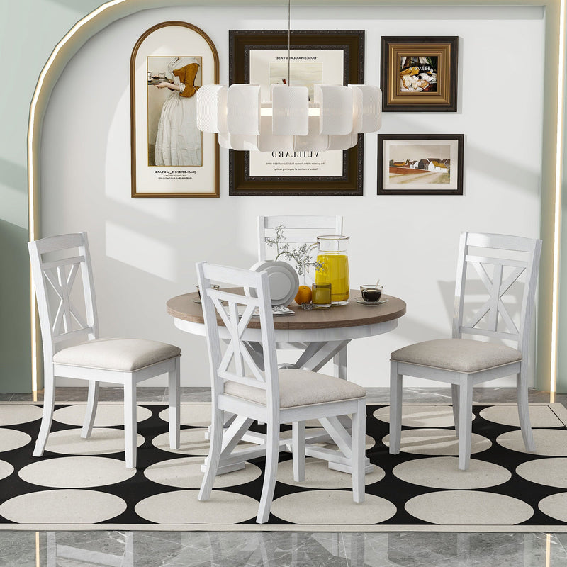 5-Piece Retro Functional Dining Table Set Extendable Round Table and 4 Upholstered Chairs for Dining Room and Living Room (Brown+Antique White)