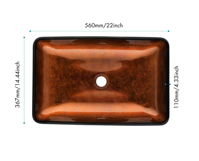 22.5" L -L -14.5" W -4 1/2 in. Handmade Glass Rectangle Vessel Bathroom Sink Set in Rich Chocolate Brown Finish with gold Faucet and gold Pop Up Drain