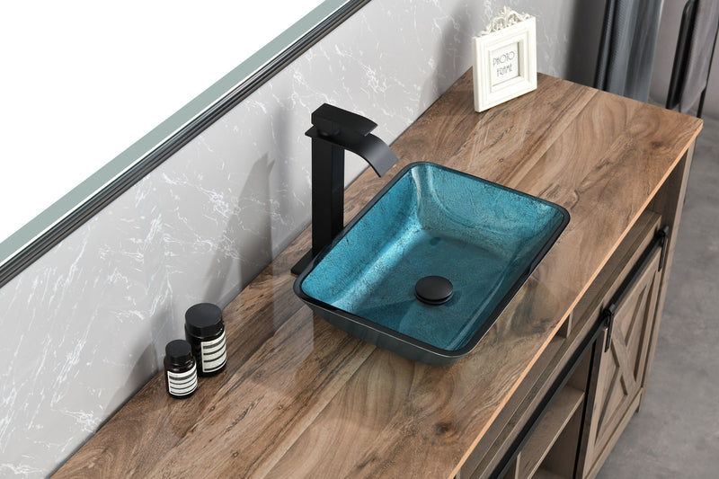 18.125" L -13.0" W -12.0" H Handmade Countertop Glass Rectangular Vessel Bathroom Sink Set in Blue Glass with Matte Black Single-Handle Single Hole Faucet and Pop Up Drain
