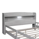 Wood Platform Bed With Built In LED Light, Storage Headboard And Guardrail