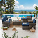 6 Pieces Wicker Patio Furniture Sets Outdoor Conversation Set PE Rattan Sectional Sofa Couch with Storage Table and Navy Blue Anti-Slip Cushions and Waterproof Covers