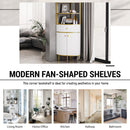 74.8" Tall Modern Corner Bookshelf,Fan-Shaped bookcase with 1 Drawer and 2 Doors, Wooden Standing Corner Shelf with Gold Metal Frame for Living Room,Home Office,White