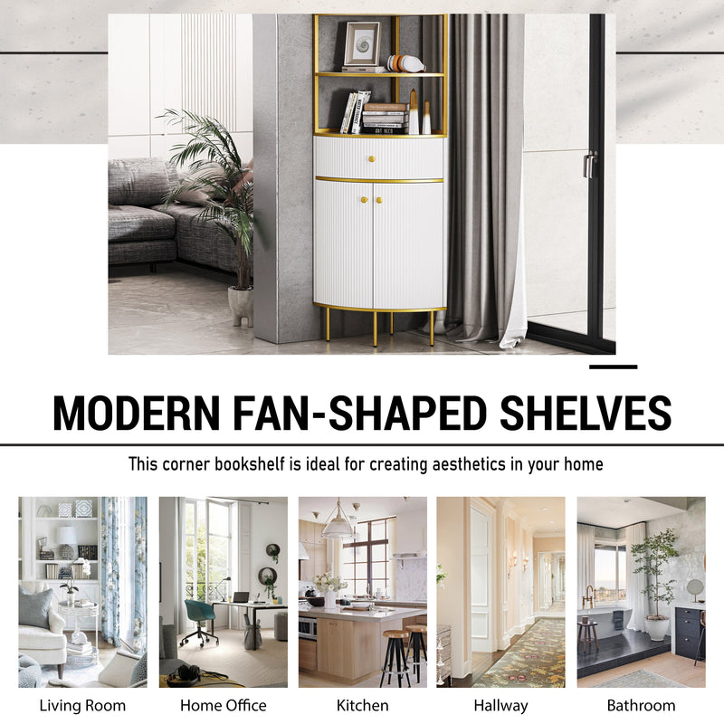 74.8" Tall Modern Corner Bookshelf,Fan-Shaped bookcase with 1 Drawer and 2 Doors, Wooden Standing Corner Shelf with Gold Metal Frame for Living Room,Home Office,White