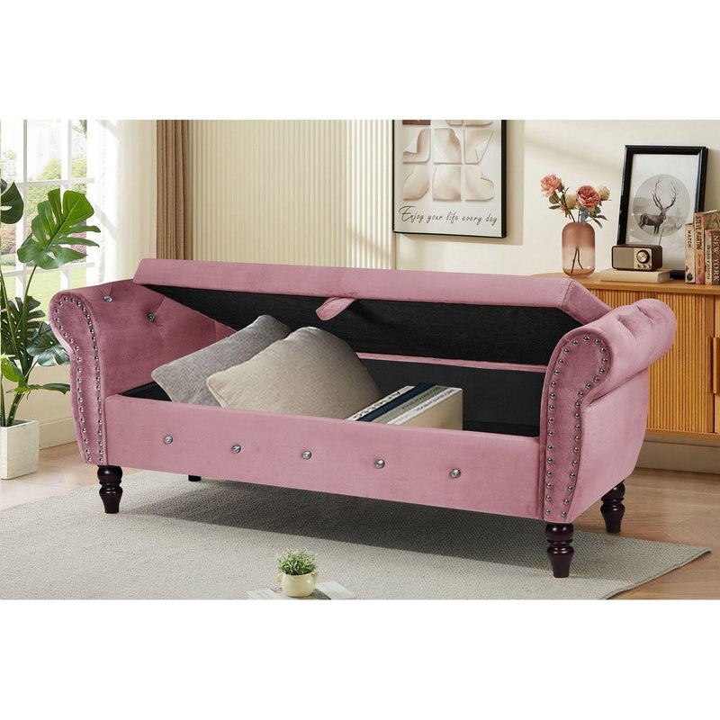 63.38"Velvet Multifunctional Storage Rectangular ottoman bench Comes with crystal buckle Solid Wood Legs with 1 Pillow,Pink