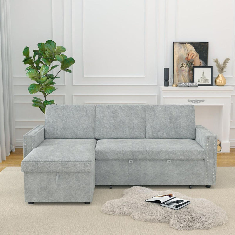 85 Inches Sofa Bed, 3 Seater Sleeper Sofa with Storage Chaise, Square Handrail With Pull and Copper nail,Chenille-Light Grey, Pull Out Couch for Living Room