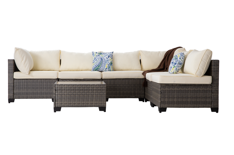 All-Weather 7-Piece Gray PE Wicker Patio Conversation Set with Beige Cushions and coffee table