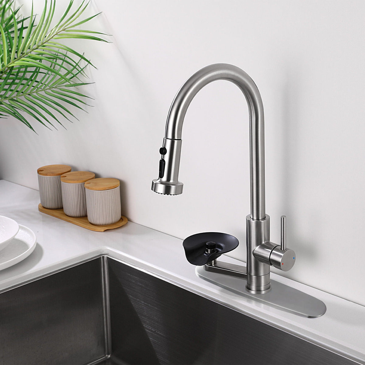 3 In 1 Kitchen Faucet With Press Type Glass Rinser, High Arc Pull Down Sprayer, photo 7 of 28