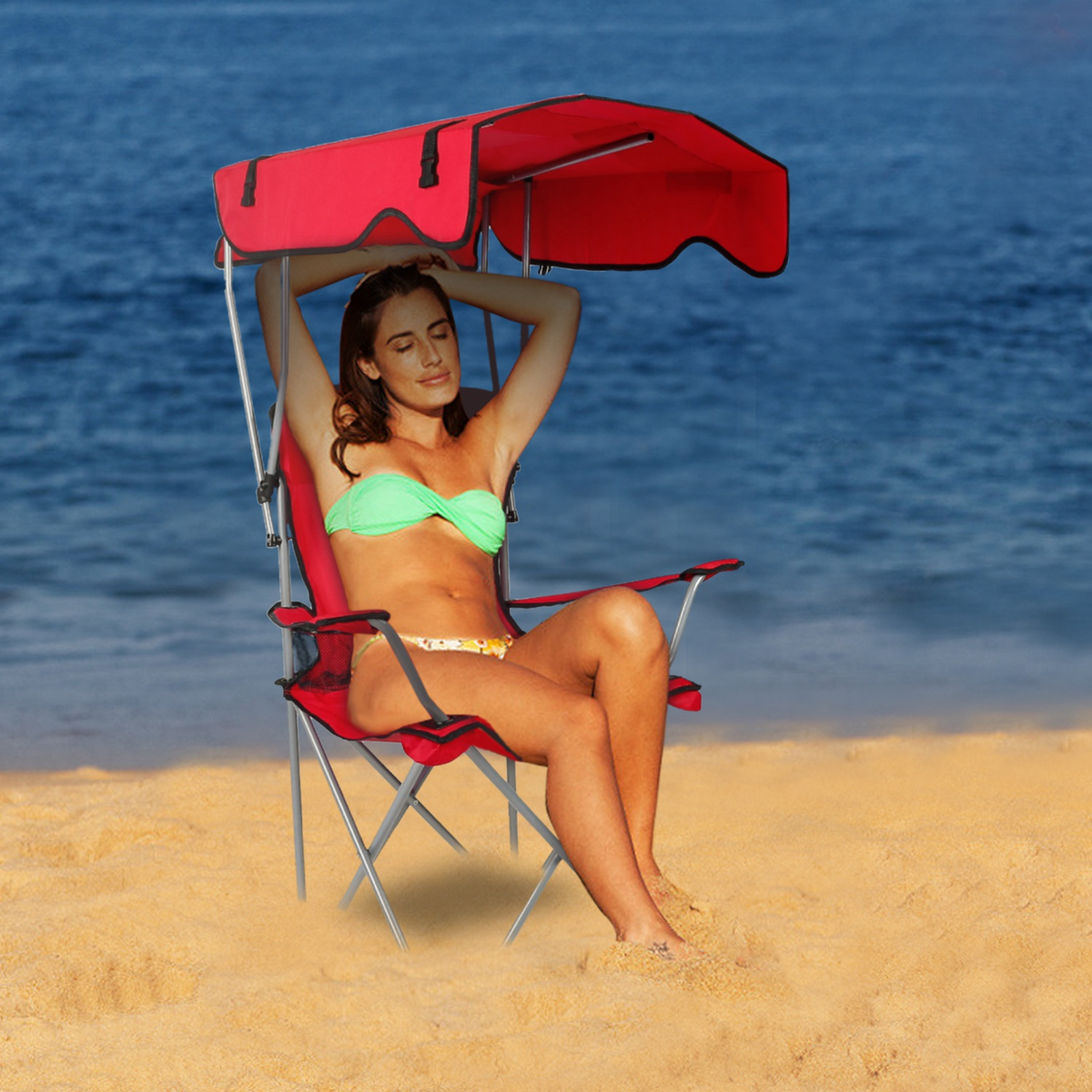 Foldable Beach Canopy Chair Sun Protection Camping Lawn Canopy Chair 330LBS Load Folding Seat w/ Cup Holder For Beach Poolside Travel Picnic, photo 4 of 14