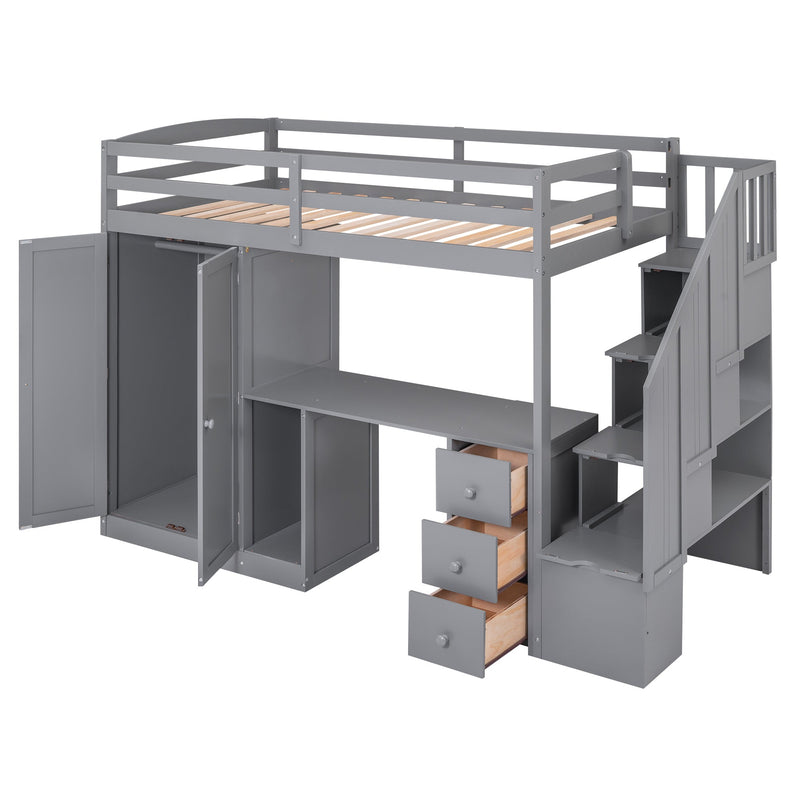 Walker Edison | Twin Size Loft Bed with Wardrobe and Staircase, Desk and Storage