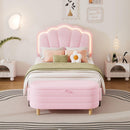 2-Pieces Bedroom Sets Twin Size Flower-Shaped Upholstered LED Platform Bed with Storage Ottoman-Sherpa Fabric, Pink