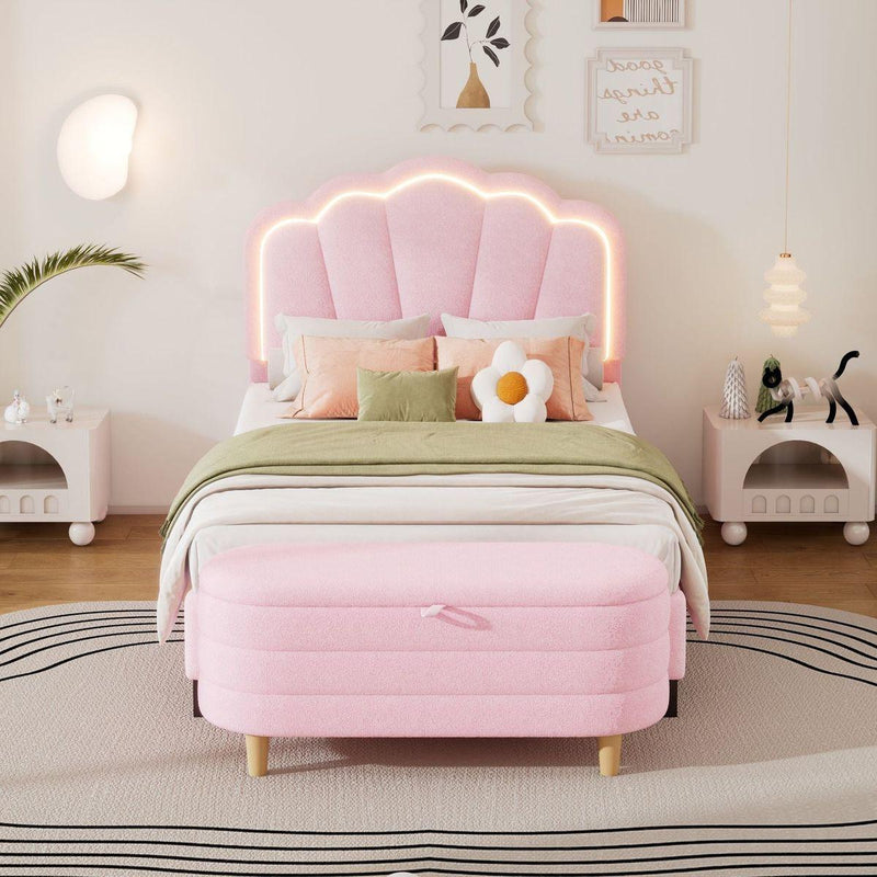 2-Pieces Bedroom Sets Twin Size Flower-Shaped Upholstered LED Platform Bed with Storage Ottoman-Sherpa Fabric, Pink