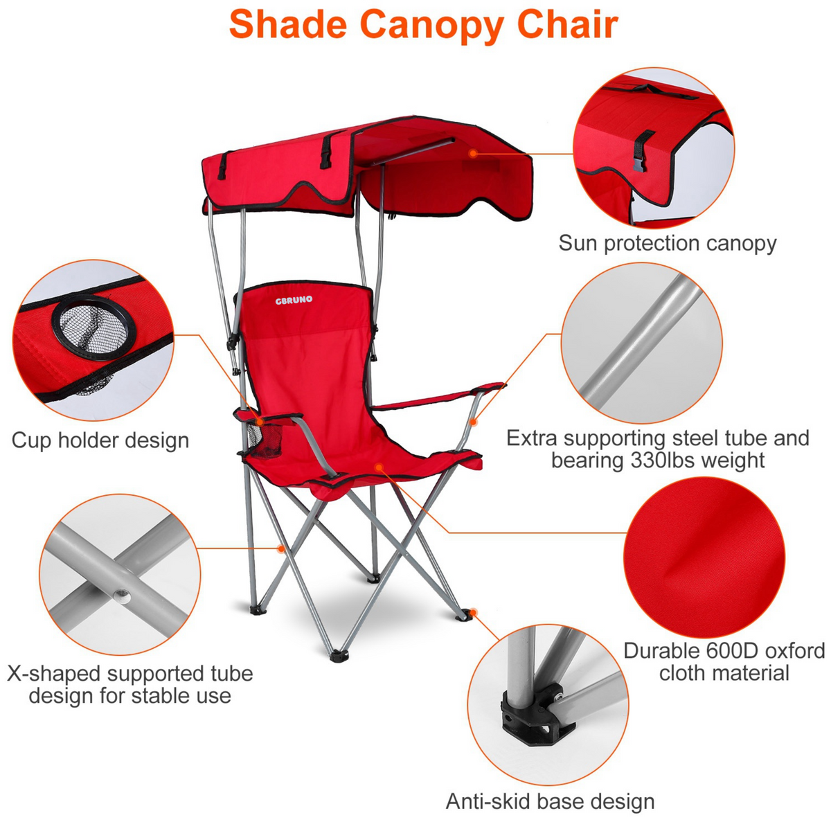Foldable Beach Canopy Chair Sun Protection Camping Lawn Canopy Chair 330LBS Load Folding Seat w/ Cup Holder For Beach Poolside Travel Picnic, photo 3 of 14